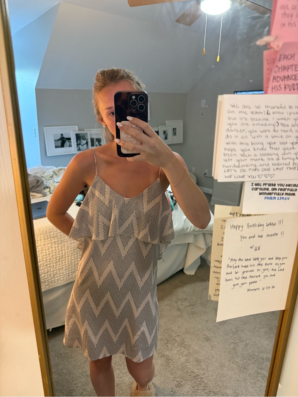 Peppermint Beige Chevron Ruffle Mini Dress - Picture 2 of 4
